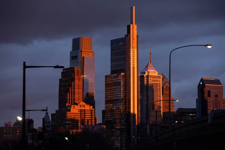 The sun illuminates the Philadelphia skyline as it sets in Philadelphia, Pa. on Thursday, March 7, 2024.