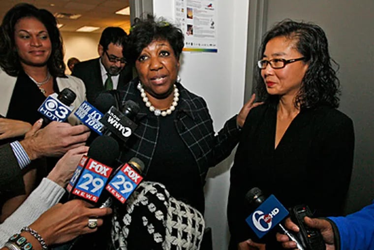 Arlene Ackerman, superintendent of Philadelphia Public Schools, and Kay Kyungsun Yu, chairwoman of the Philadelphia Human Rights Commission, leave a meeting in December over racial tensions at South Philadelphia High School. (Alejandro A. Alvarez / Staff Photographer)