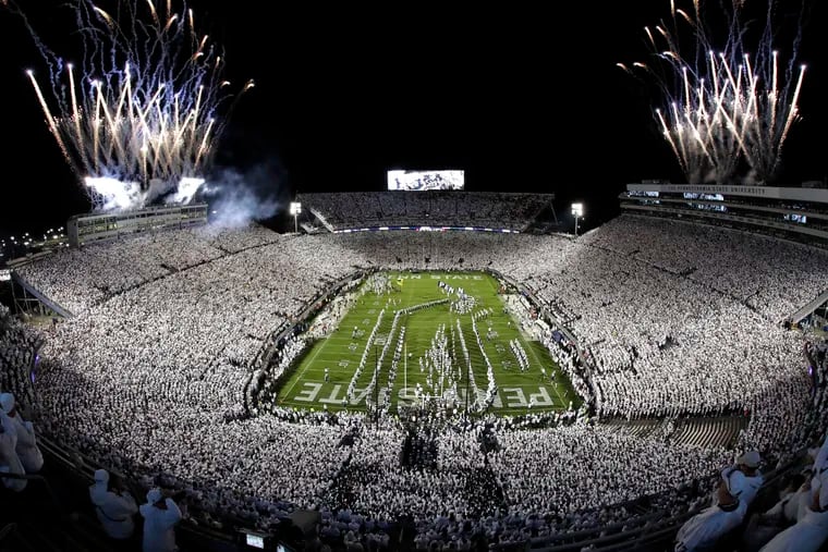 In this Oct. 19, 2019, file photo, Fireworks go off over Beaver Stadium as the Penn State football teams takes the field before a game against Michigan.