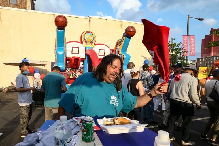 David Fera is enjoying himself at an outdoor viewing party the at Sunday Breakfast Rescue Mission to watch Game 4 of the Eastern Conference Semifinals between the Philadelphia 76ers and the Atlanta Hawks. The event was sponsor by Joel Embiid and the Sixers. Monday, June 14, 2021
