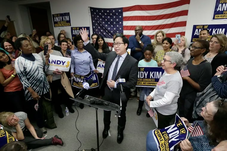 Democrat Andy Kim announces that he is the projected winner of the NJ 3rd District Congressional race. The announcement was before a packed crowd at his Mt. Laurel headquarters on November 7, 2018.