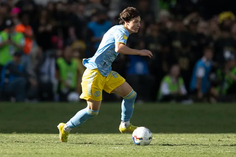 Paxten Aaronson on the ball during Saturday's MLS Cup final between the Union and Los Angeles FC.