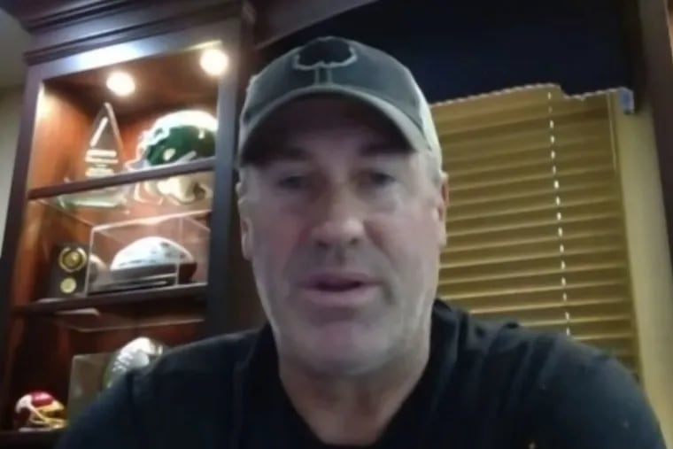 Eagles head coach Doug Pederson is seen in a screenshot from a Zoom press conference on Monday, one day after the team announced he tested positive for coronavirus.