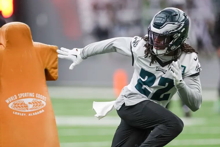 Eagles cornerback Kelee Ringo runs a drill during practice at the NovaCare Complex in Philadelphia on Thursday, Dec. 7, 2023. Eagles will face the Dallas Cowboys in Arlington on Sunday evening.