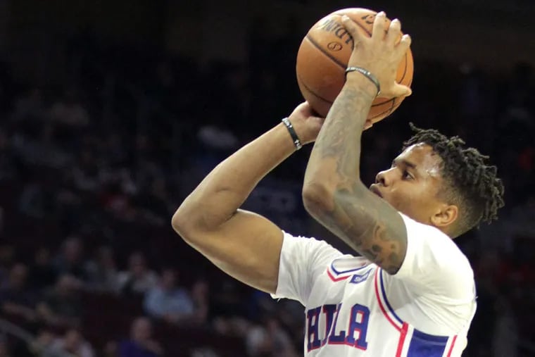 Markelle Fultz of the Sixers shoots in the 1st half against Melbourne United in a exhibition game at the Wells Fargo Center on Sept. 28, 2018.    CHARLES FOX / Staff Photographer