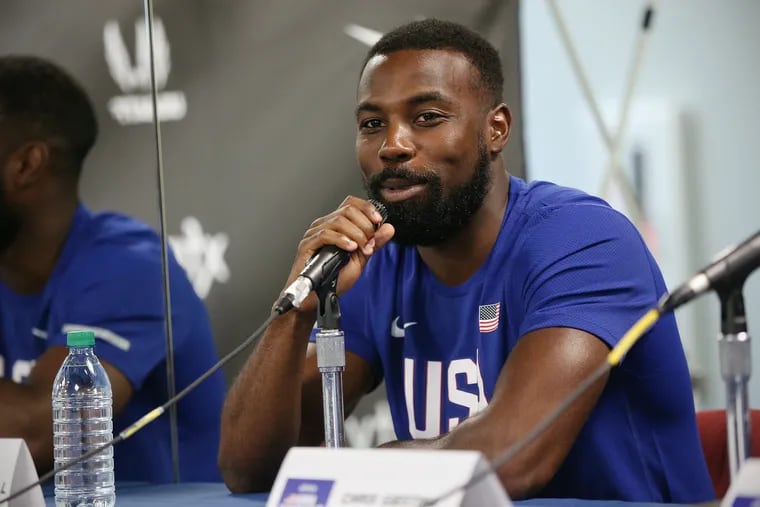 Team USA's Cameron Burrell speaks in a news conference during the 125th annual Penn Relays at Franklin Field in Philadelphia on Friday, April 26, 2019.