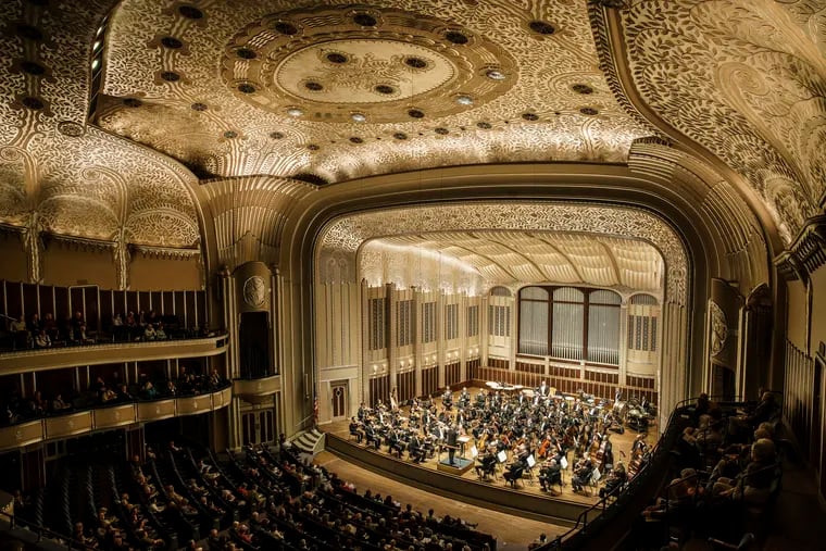 Severance Hall has been the home of the Cleveland Orchestra since 1931. The intricate, lace-like aluminum leaf pattern on the ceiling is said to match Elisabeth Severance's wedding dress.