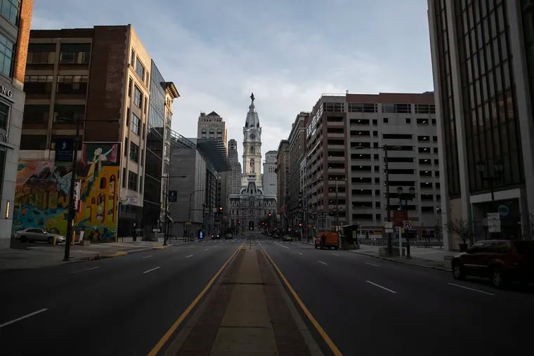An empty North Broad Street in Philadelphia is photographed on Tuesday evening, March 24, 2020. A stay-at-home order has been issued due to the spread of COVID-19.