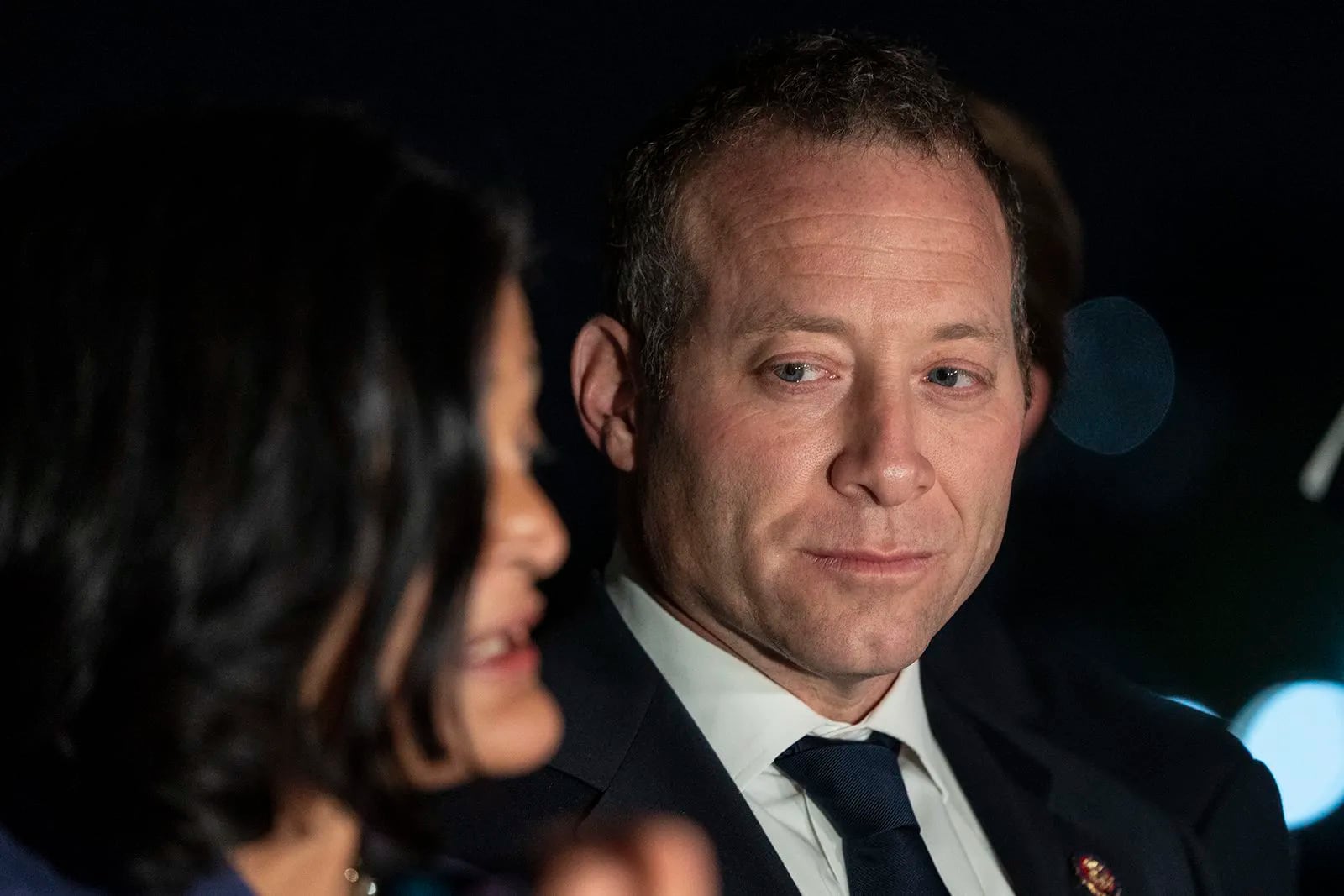 From left to right: Rep. Pramila Jayapal (D., Wa.) and Rep. Josh Gottheimer (D., N.J.) speak to reporters outside the U.S. Capitol to announce a deal between progressive House Democrats and moderate House Democrats on Nov. 5.