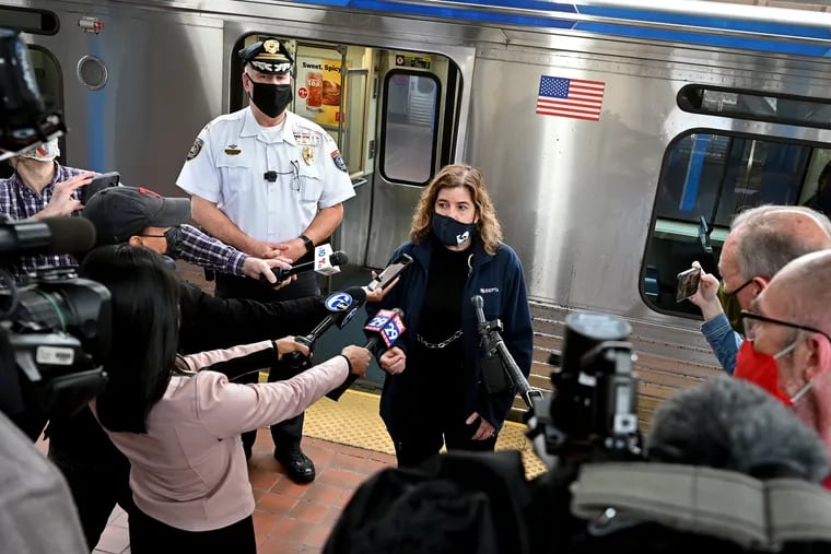 SEPTA Transit Police Chief Thomas Nestel III (left) and SEPTA General Manager Leslie Richards (right) address reporters at the 69th Street Transportation Center.