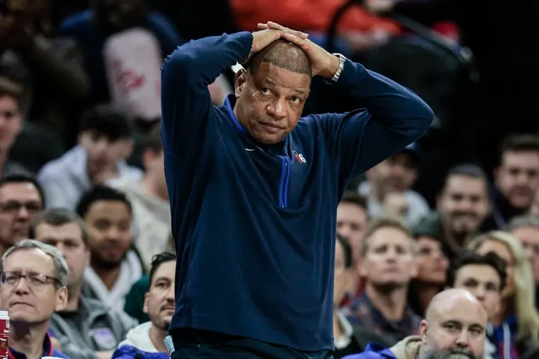 Sixers head coach Doc Rivers watches his team play the Kings during the 4th quarter at the Wells Fargo Center in Philadelphia, Tuesday,  December 13, 2022. Sixers beat the Kings 123-103