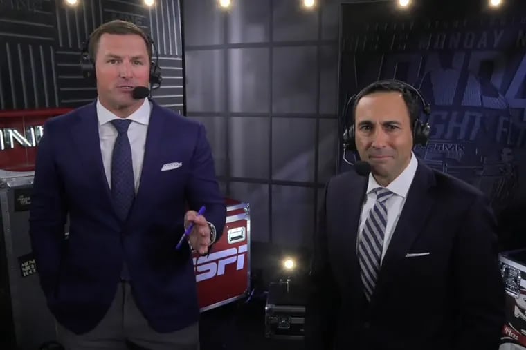 ESPN analyst Jason Witten (left) and play-by-play announcer Joe Tessitore calling the 49ers-Packers game on "Monday Night Football."