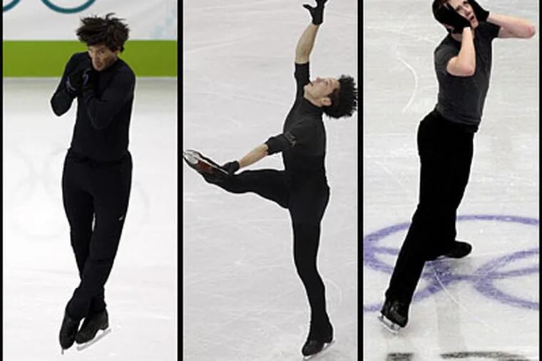 Men's figure skating competes tonight, featuring Americans, from left: Evan Lysacek, Johnny Weir and Jeremy Abbott. (David J. Phillip/AP)