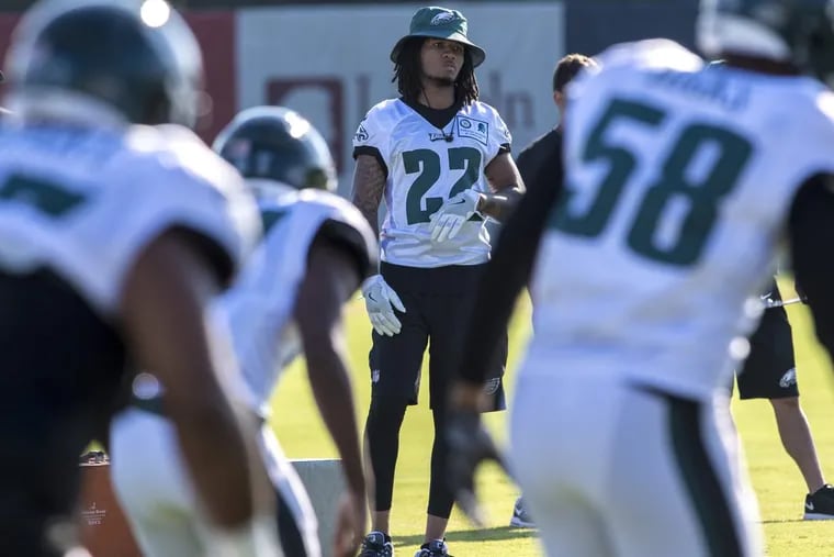 Eagles injured rookie cornerback Sidney Jones can only watch training camp activities August 1, 2017. CLEM MURRAY / Staff Photographer