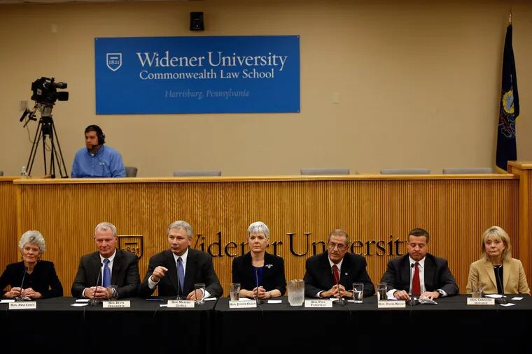 From right: State Superior Court Judge Christine Donohue; state Superior Court Judge David Wecht, Philadelphia Judge Paul Panepinto; state Superior Court Judge Judith Olson; Adams County Judge Michael George; Philadelphia Judge Kevin Dougherty; and state Commonwealth Court Judge Anne Covey participate in a Pennsylvania Supreme Court debate Wednesday, Oct. 14, 2015, at the Widener University Commonwealth Law School in Harrisburg.