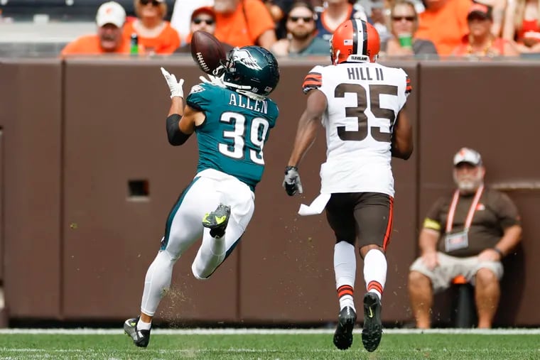 Eagles receiver Devon Allen hauls in a pass for a touchdown past Cleveland Browns cornerback Lavert Hill during a preseason game in August.