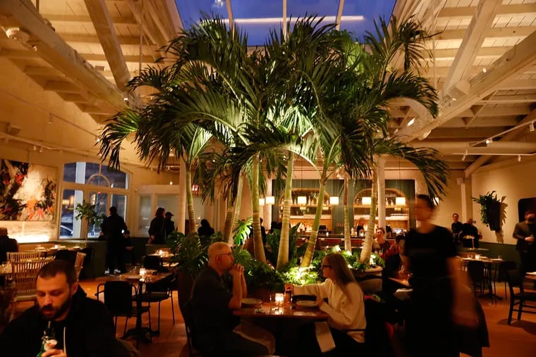 Diners in Kalaya with palm trees and a sky light in the center of the Fishtown restaurant on Friday, January 20, 2023.