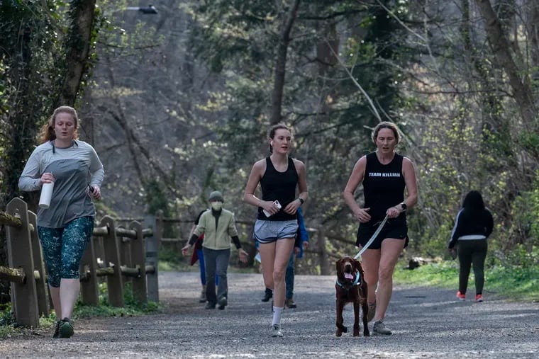 Joggers and pedestrians along Forbidden Drive in Wissahickon Valley Park in April 2020. Motorized traffic has been banned along the roadway for a century.