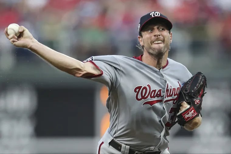 Nationals pitcher Max Scherzer lasted only five innings, allowing three runs, on Tuesday night against the Phillies.