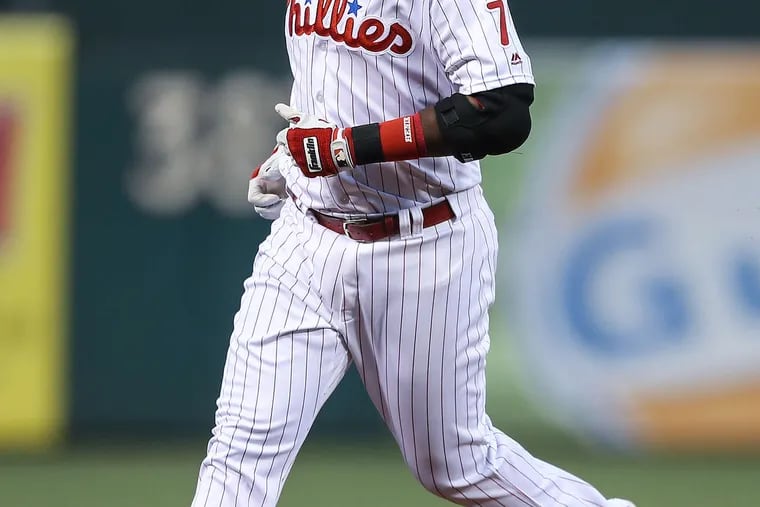 Maikel Franco circles the bases after blasting a solo home run in the first inning. He also drove in the Phillies' second run with a double in the third.
