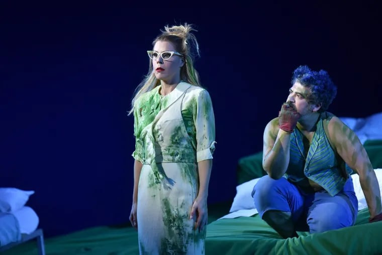 Soprano Georgia Jarman as Helena and Miltos Yerolemou as Puck in Opera Philadelphia's "A Midsummer Night's Dream."