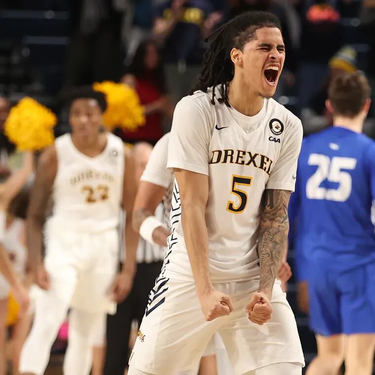 Kobe MaGee of Drexel celebrates their victory over Hofstra on Feb. 15, 2024.