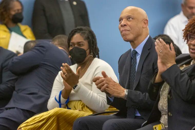 Dr. William Hite, applauds during a news conference announcing his successor, Tony Watlington Sr., as the new superintendent of Philadelphia Public Schools on Friday, just hours before he testified as a government witness in the federal bribery trial of City Councilmember Kenyatta Johnson.