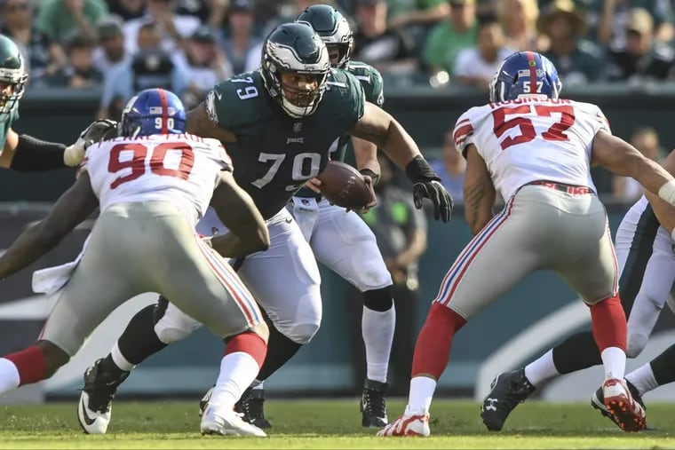 Eagles guard Brandon Brooks (79) is not a fan of playing on Thursday night.