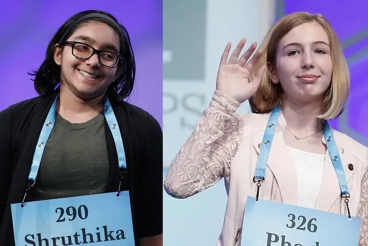 Shruthika Padhy of Cherry Hill (left) and Phoebe Smith of Aston were among 16 finalists competing in the Scripps National Spelling Bee on Thursday.