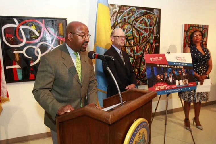 Mayor Nutter, with Wawa's Howard Stoeckel and Welcome America's Desiree Peterkin-Bell looking on, announces the July Fourth lineup. (Michael Bryant/Staff Photographer)