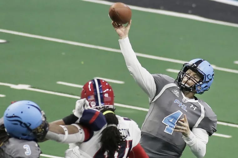 Soul quarterback Shane Austin throws a pass during the Washington Valor at Philadelphia Soul arena football game at the Wells Fargo Center in Phila., Pa. on June 10, 2018.