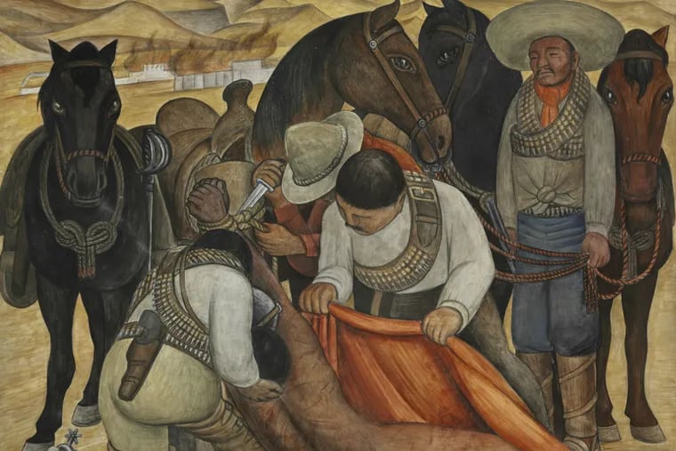 "Liberation of the Peon" (1931) by Diego Rivera. Philadelphia Museum of Art. Gift of Mr. and Mrs. Herbert Cameron Morris. This large portable fresco has been in the great stairhall of the Philadelphia Museum of Art since the 1940s. It is now part of the new exhibit, “Paint the Revolution: Mexican Modernism 1910-1950.”