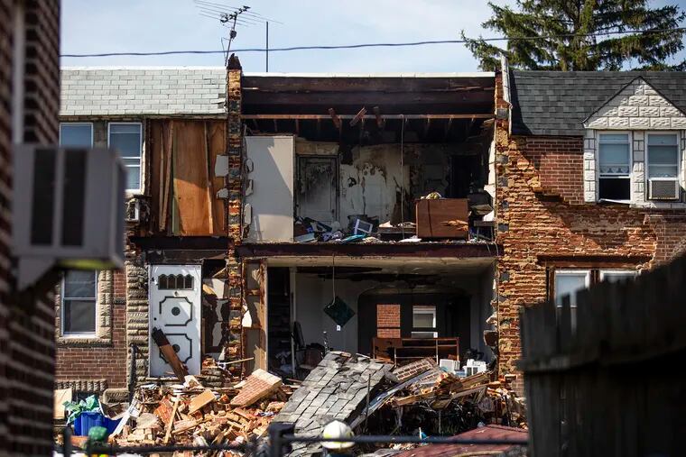 The destroyed facade of a home after an apparent explosion on Algard Street in Northeast Philadelphia, on Tuesday, April 6, 2021.