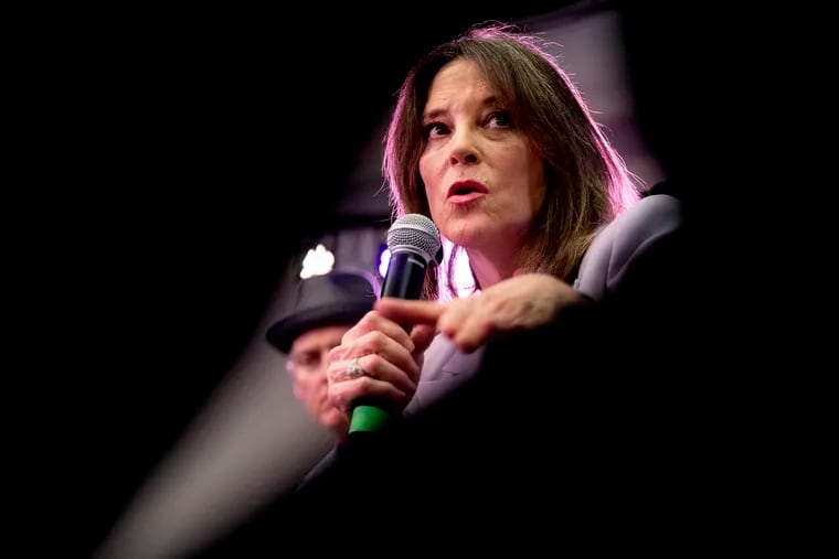 Democratic presidential candidate Marianne Williamson speaks at a the Faith, Politics and the Common Good Forum at Franklin Jr. High School, Thursday, Jan. 9, 2020, in Des Moines, Iowa.