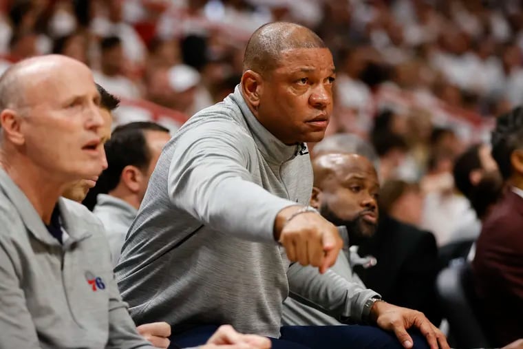 Sixers Head Coach Doc Rivers points to the floor during game five of the second-round Eastern Conference playoffs on Tuesday, May 10, 2022 in Miami.