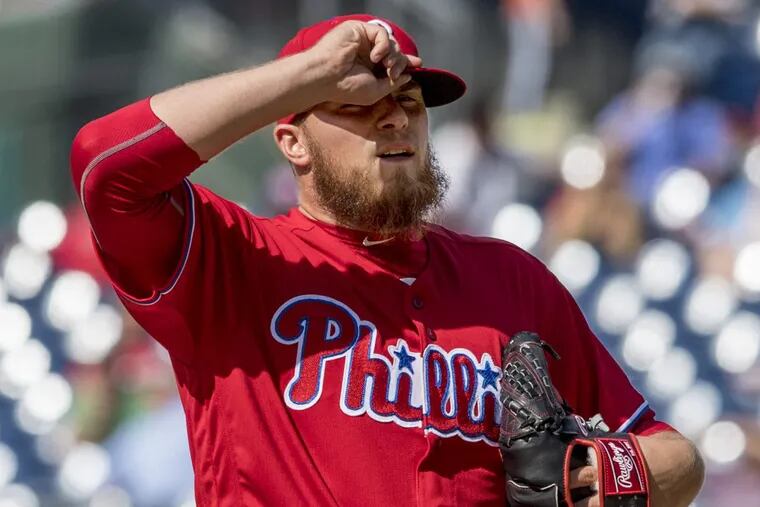 Jake Thompson with the Phillies in May. He says this season’s struggles have “definitely been a good learning experience for me. “