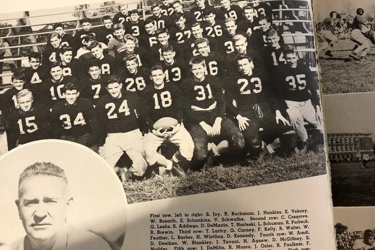 The 1948 Collingswood football team, which went 10-0 and won its last game with their legendary coach, Howard "Skeets" Irvine (inset) on his death bed.