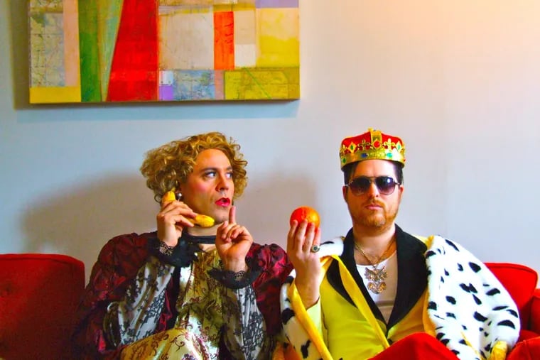 Performer Johnny Shortcake (right, David Sweeny, pictured here with drag performer Martha Graham Cracker) hosts a Mister Rogers Neighborhood-like show from his South Philly home every Sunday morning on Facebook Live.