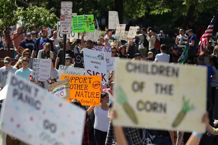 Protesters in LOVE Park during a "March Against Monsanto" rally on May 23, 2015. (DAVID MAIALETTI/Staff Photographer)