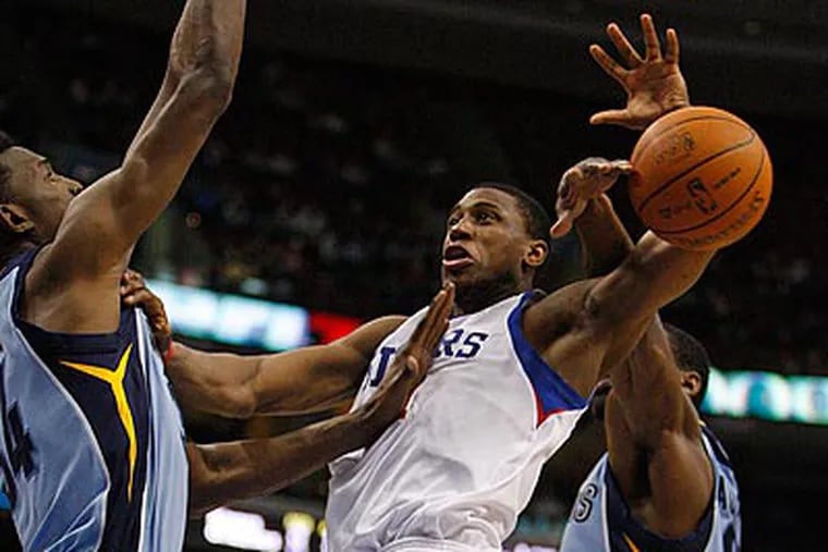 Thaddeus Young has his shot blocked by Memphis' Tony Allen in the second half. (Ron Cortes/Staff Photographer)