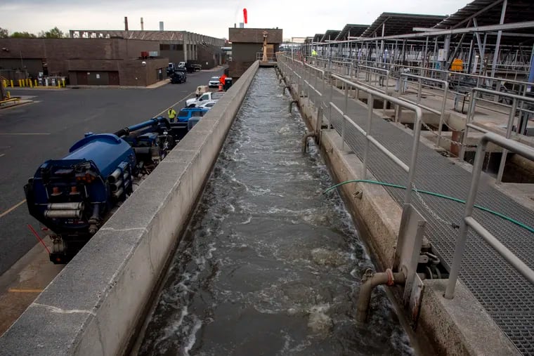 Wastewater flows through the Camden County Municipal Utilities Authority (CCMUA) sewage treatment plant on the South Camden Waterfront April 23, 2020. In a proposed Camden microgrid, CCMUA would trade treated wastewater for storm-proof energy from the Covanta incinerator.