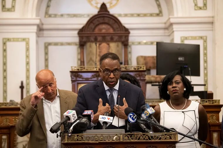 Council President Darrell L. Clarke speaks at the podium to discuss the city's response to the ongoing gun violence, during an open press meeting on July 5, 2022, at Philadelphia City Hall. The administration responded to the shooting on the Parkway that left two police officers shot during the fourth of July fireworks celebrations.