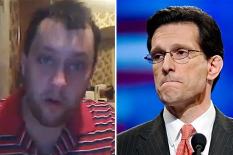 Norman Leboon, in a YouTube video (left), was arrested for threatening the lives of U.S. Rep. Eric Cantor of Virginia (right) and his family, but has been found incompetent to stand trial. (Photos: YouTube and AP)