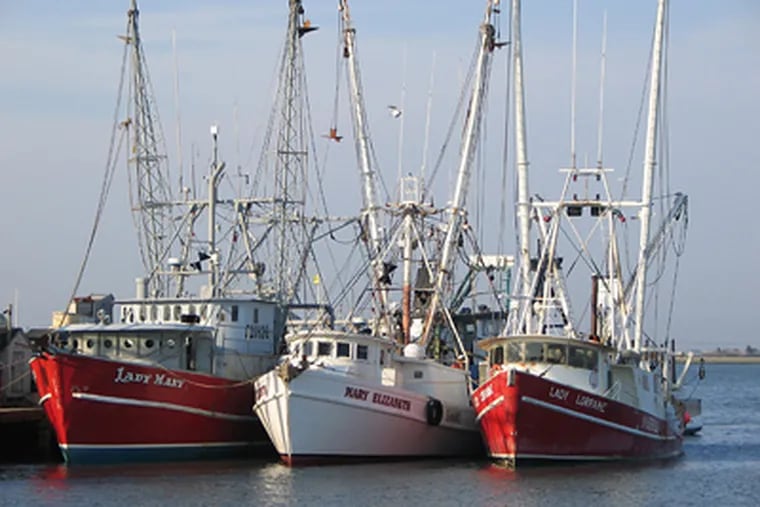 The Lady Mary (left), a 71-foot scallop boat seen here moored in Cape May Harbor, sank at about 5 a.m. on Tuesday, March 24, 2009 with seven people aboard about 75 miles off the coast. Only one crew member was conscious and alert when he was plucked with two others from the water by a helicopter. (AP Photo/U.S. Coast Guard, Seaman Daniel Kehlenbach)