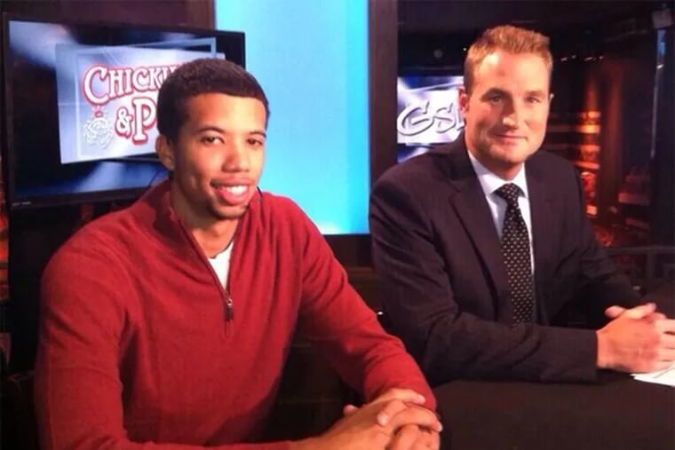 NBC10's John Clark sits on set with Sixers point guard Michael Carter-Williams. Starting in January, CSN will begin to provide complete sports reports for NBC10’s sportscasts.