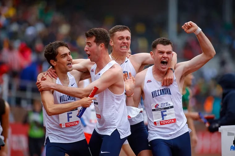 Villanova is gearing up to compete in the Penn Relays. The Wildcats' mile relay, which featured Liam Murphy (from left), Sean Dolan, Seán Donoghue, and Charlie O'Donovan, won last year at the Penn Relays. Dolan also is the son of Penn head coach Steve Dolan.