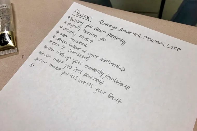 A list of the characteristics of an abusive relationship is made by students in small groups during a lesson by teachers from the nonprofit Raphael House, at Central Catholic High School in Portland, Ore., on April 15, 2019. Information on healthy sexual behavior and relationships is part of a proposed new sexual education curriculum for Pennsylvania.
