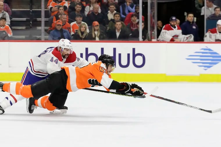 Hey, what's Nate Thompson doing in a Canadiens uniform? Before Montreal bailed on the season, Thompson was one of their centers. Here he is earlier this season defending on Shayne Gostisbehere.