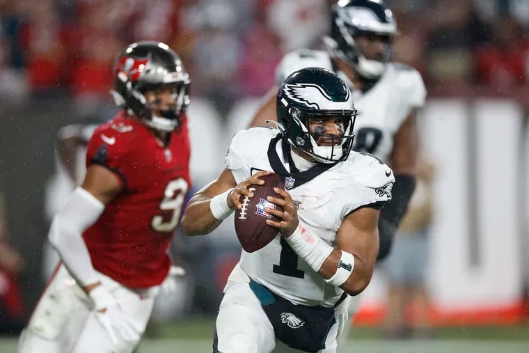 Eagles quarterback Jalen Hurts runs with the football against the Tampa Bay Buccaneers on Sept. 25.