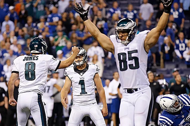 Eagles kicker Cody Parkey, punter/holder Donnie Jones and tight end James Casey celebrate after the game. (Yong Kim/Staff Photographer)